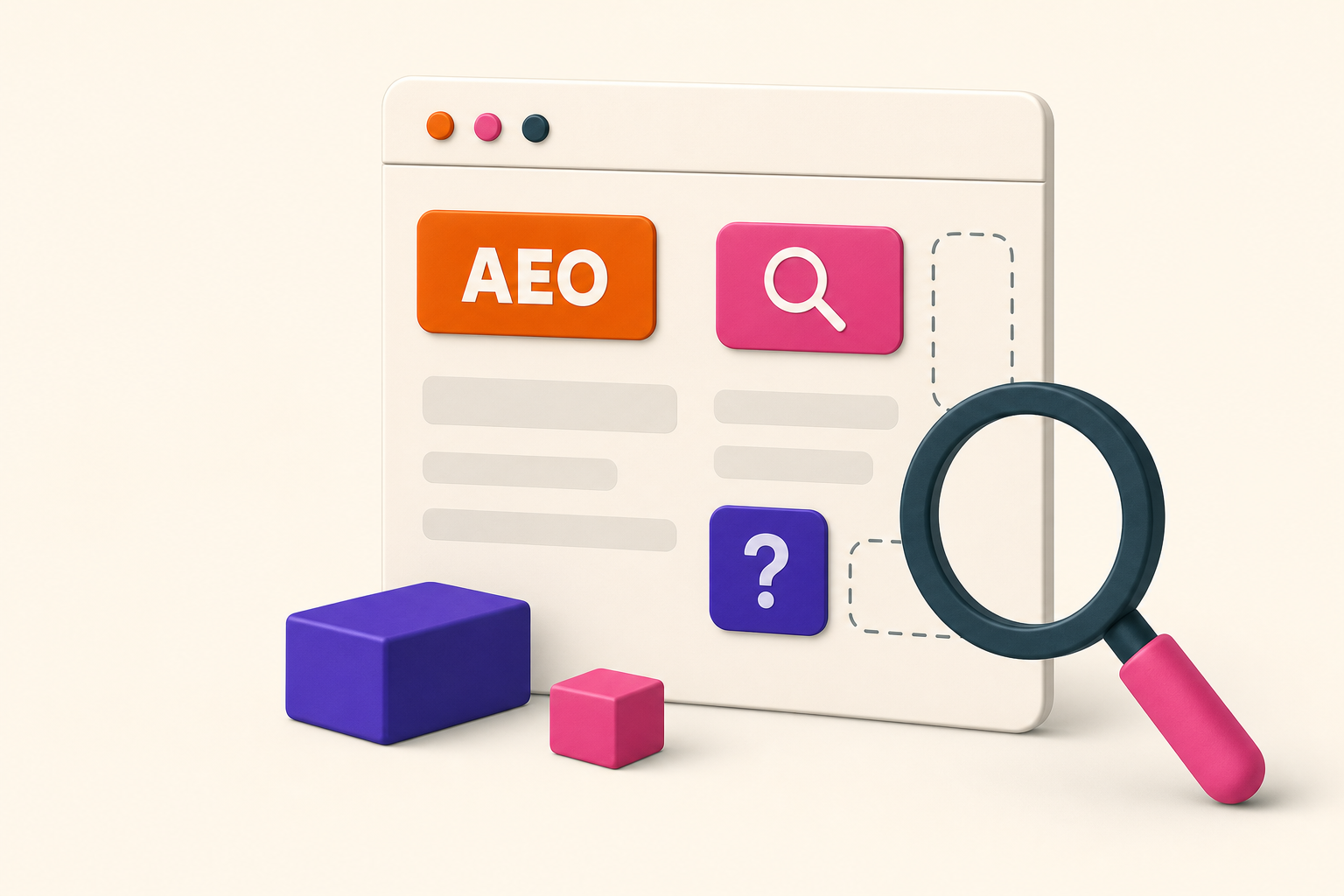 A website being inspected for AEO readiness with a magnifying glass